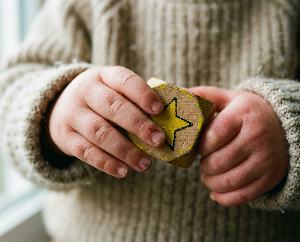 Child's hands holding a wooden toy