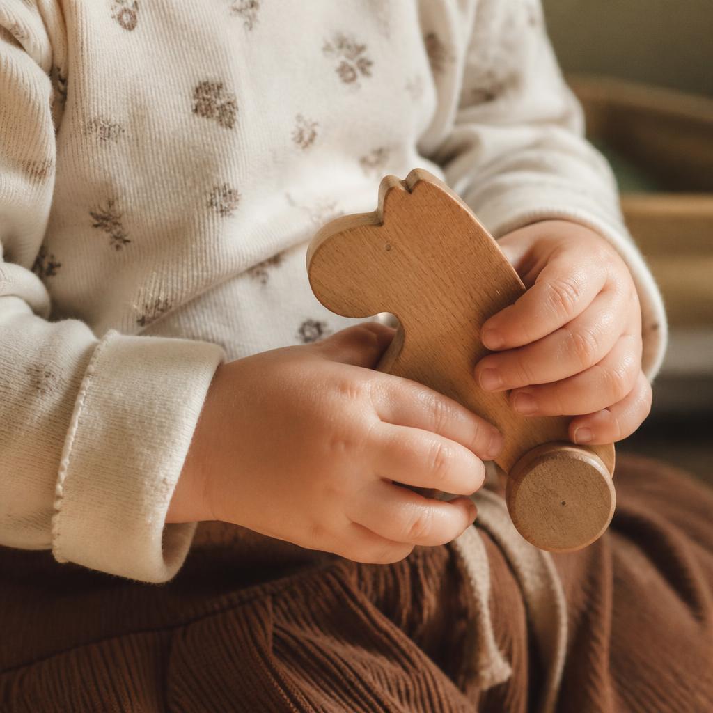 Child's hands holding a wooden toy