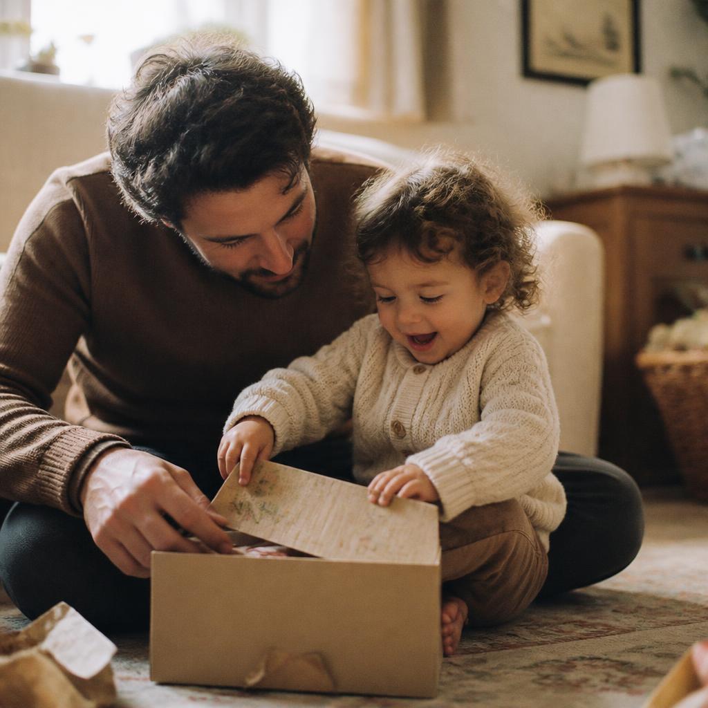 Parent and child opening a gift together